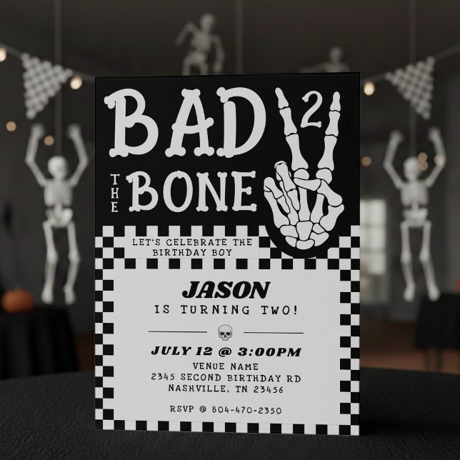 Invitación Esqueleto de mala muerte cumpleaños 2 (Bad 2 the Bone Skeleton 2nd Birthday Party Invitation
)