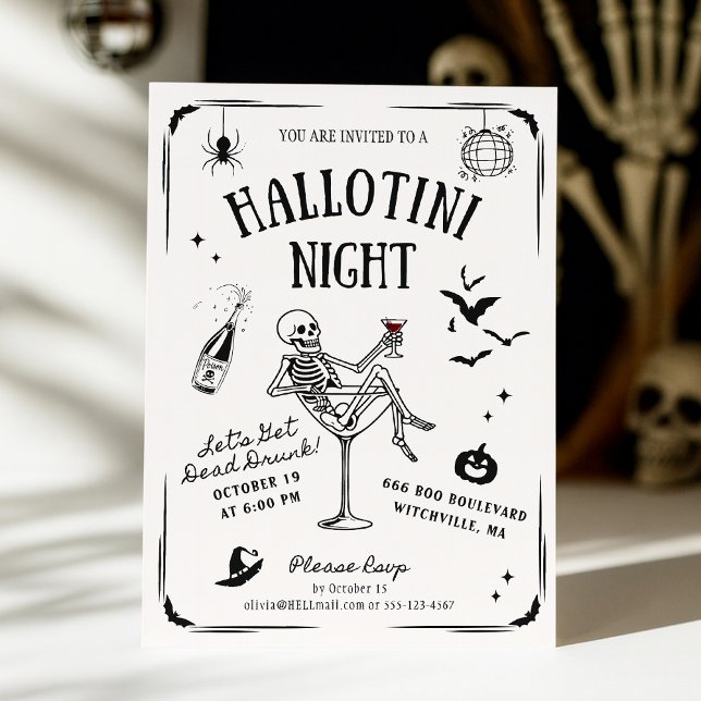 Invitación Esqueleto de Martini de Halloween caprichoso y man (Subido por el creador)