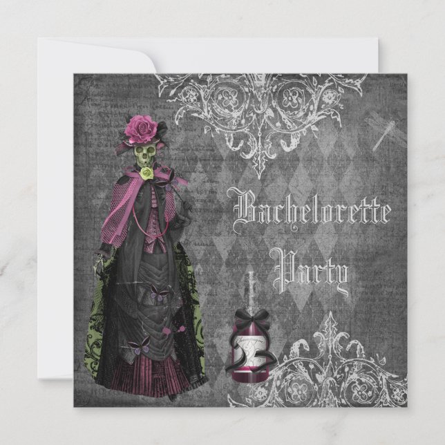 Invitación Esqueleto de Novia Gótica Shabby Chic Bachelorette (Anverso)