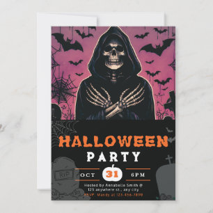Invitación Esqueleto de paro rosado y negro Reaper Skeleton H