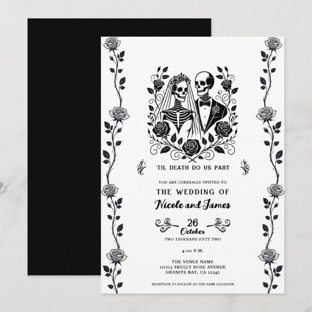 Invitación Esqueleto floral de rosa negra y blanca para boda  (Anverso / Reverso)