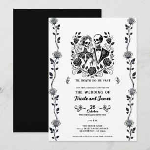 Invitación Esqueleto floral de rosa negra y blanca para boda 