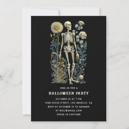 Invitación Esqueleto floral gótico | Partido Halloween Negro