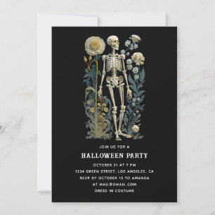 Invitación Esqueleto floral gótico   Partido Halloween Negro