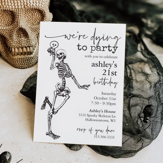 Invitación Esqueleto gótico muriendo a cumpleaños Fiesta de H (Skeleton Halloween Birthday Party Invitation)