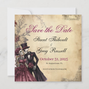 Invitación Esqueleto gótico rústico de Halloween salva la fec
