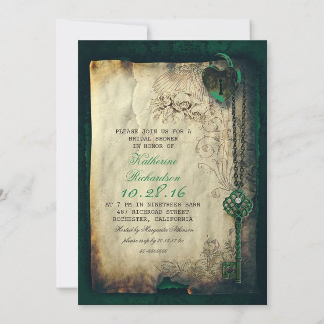 Invitación esqueleto llave llave bloqueo de corazón ducha de  (Anverso)