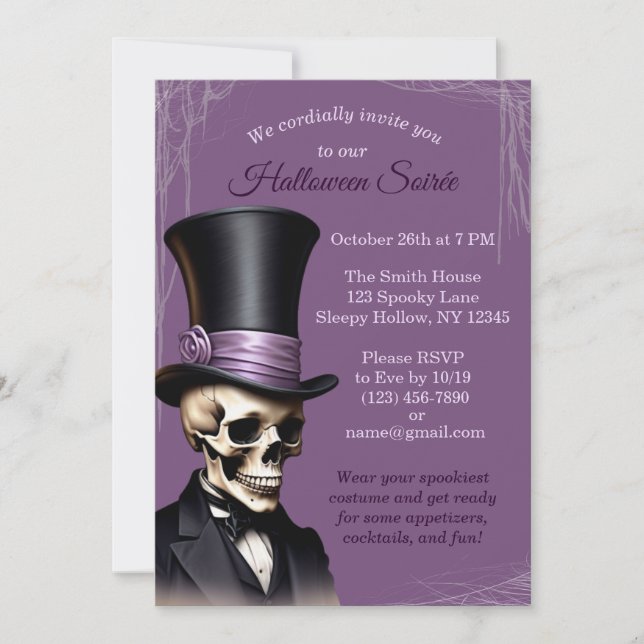 Invitación Esqueleto morado Elegante Halloween (Anverso)