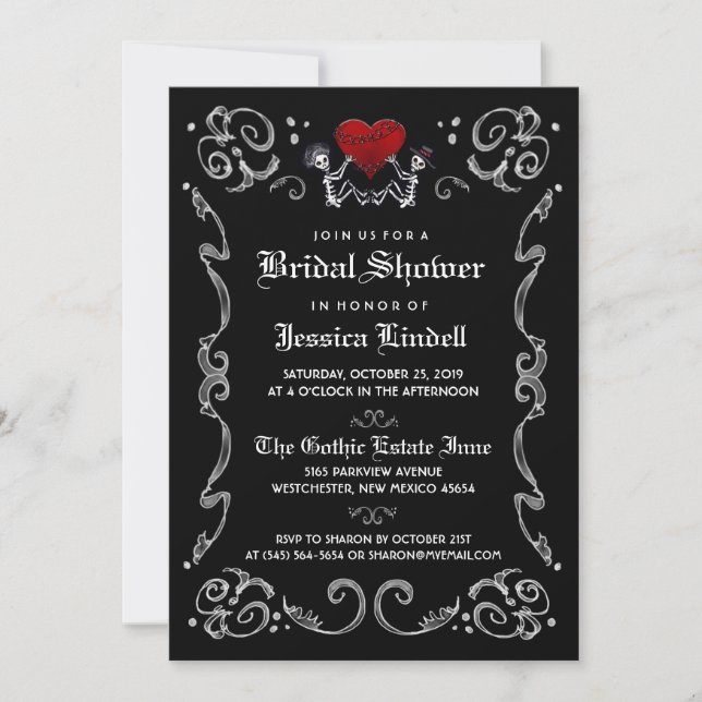 Invitación Esqueleto negro blanco de Halloween ducha de novia (Anverso)