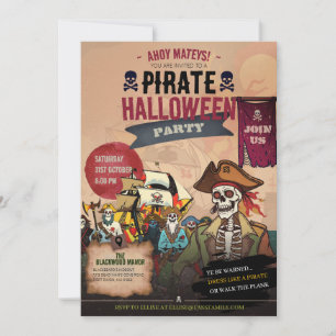 Invitación Esqueleto Pirata Retro Horror Vintage Halloween