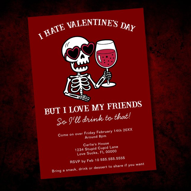 Invitación Esqueleto Rojo Odio el Día de San Valentín Bebiend (Subido por el creador)