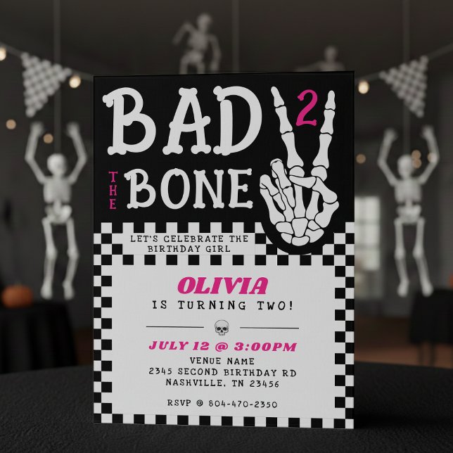 Invitación Esqueleto Rosa Malo 2 el Cumpleaños Número 2 (Bad 2 the Bone Skeleton Pink 2nd Birthday Party Invitation
)