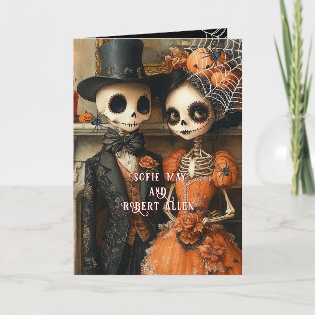 Invitación Esqueletos Arañas Negras Halloween Boda Plegada (Anverso)