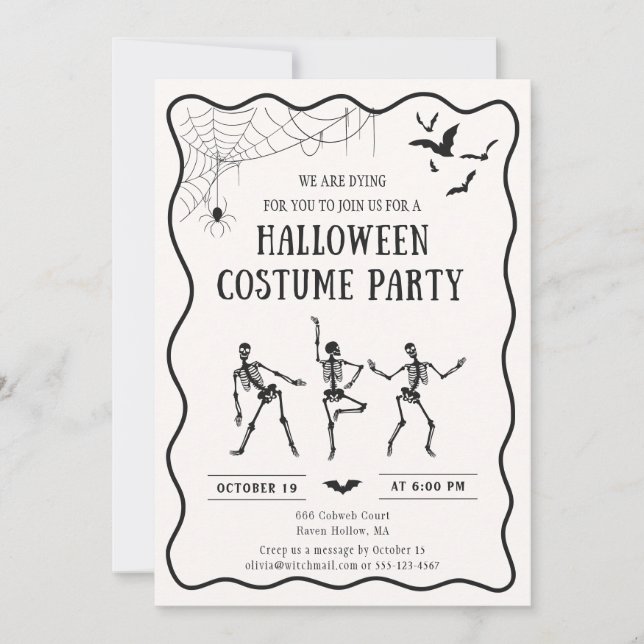 Invitación esqueletos bailarines, disfraz de Halloween sensac (Anverso)