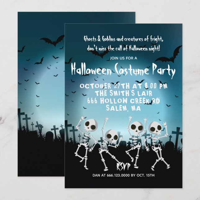 Invitación Esqueletos bailarines Fiesta de disfraces de Hallo (Anverso / Reverso)