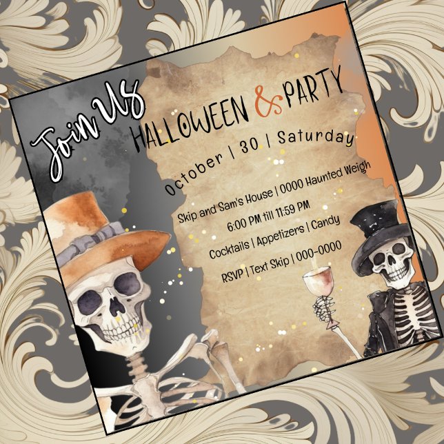 Invitación Esqueletos De Halloween En Gorras Por Temporada De (Two fun skeletons in top hats with Halloween libations on customizable party invitations
)