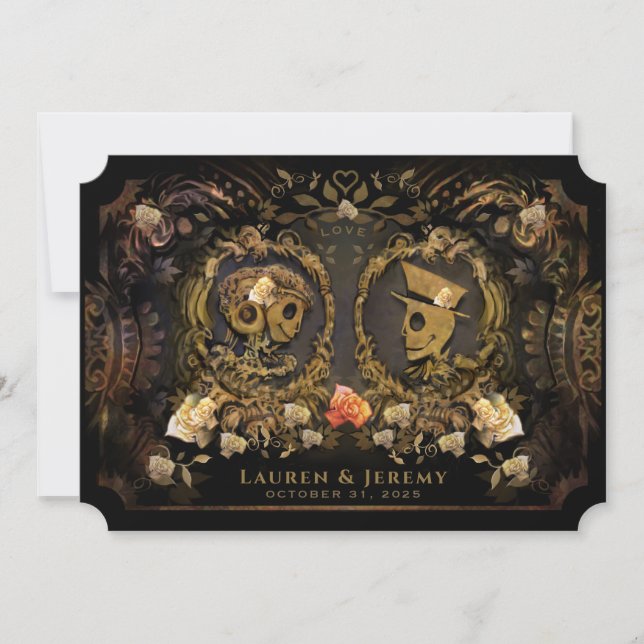 Invitación Esqueletos de la Elegancia Dorada de Halloween jun (Anverso)