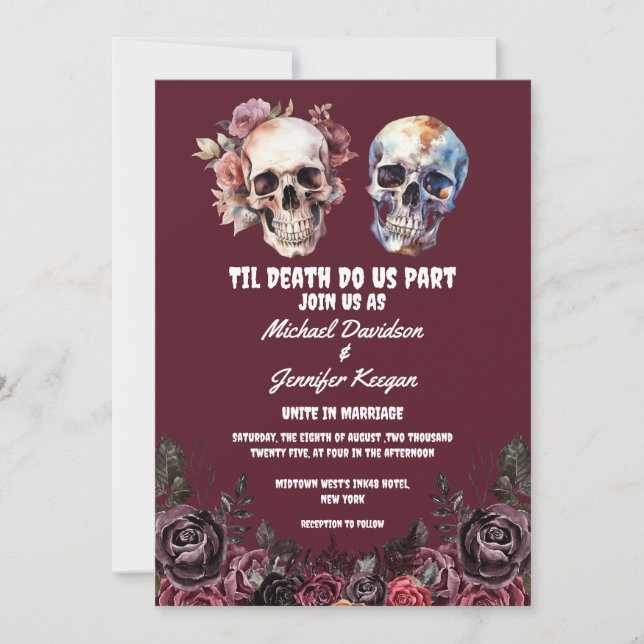 Invitación esqueletos florales góticos halloween boda rojo (Anverso)
