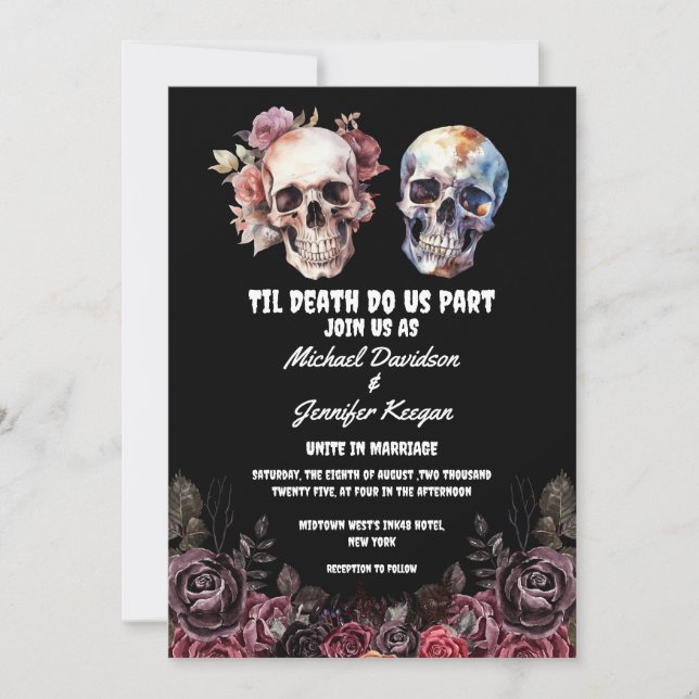 Invitación esqueletos florales góticos halloween negro boda (Anverso)