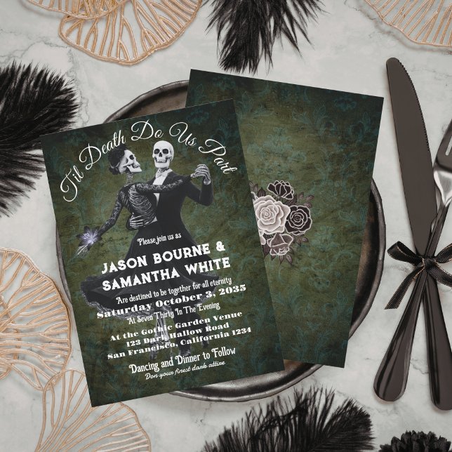 Invitación Esqueletos Góticos Bailando Flores Boda Elegante (Subido por el creador)
