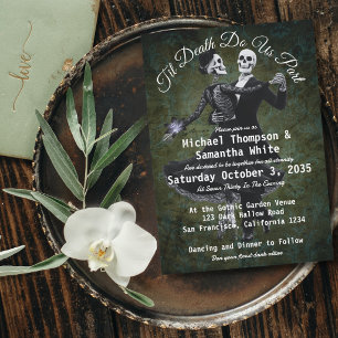 Invitación Esqueletos góticos bailando flores elegante boda