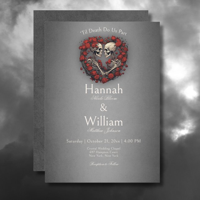 Invitación Esqueletos góticos oscuros y Rosa Boda del corazón (Gothic Dark Skeletons & Rose Heart Wedding Invitation)