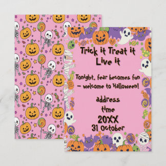 Invitación Esqueletos Lindos y Rosa de Caramelo para Hallowee