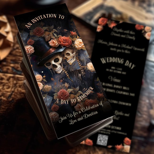 Invitación Esqueletos románticos de besos QR Código Boda góti (Capture the magic of your Wedding Day in this elegant Gothic Wedding Invitation.)