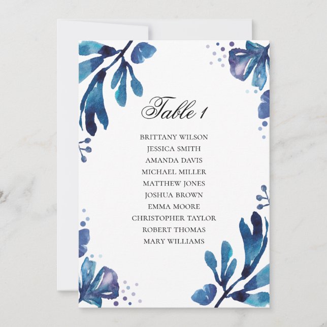 Invitación Esquema de asientos floral azul. Plan de boda azul (Anverso)