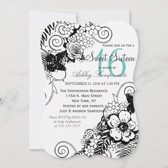 Invitación Esquema floral blanco y negro de bonito (Anverso)