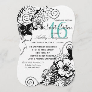 Invitación Esquema floral blanco y negro de bonito