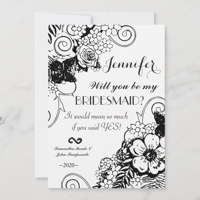 Invitación Esquema floral blanco y negro de Bonito (Anverso)
