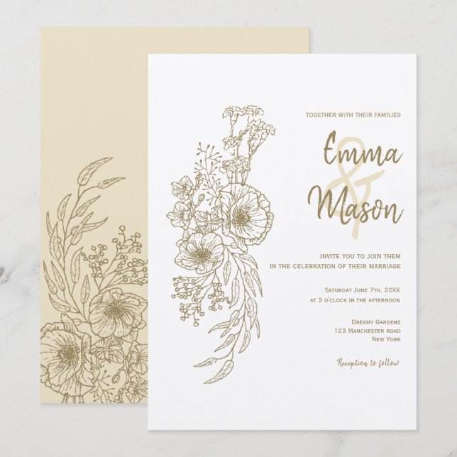 Invitación Esquema floral de oro antiguo (Anverso / Reverso)