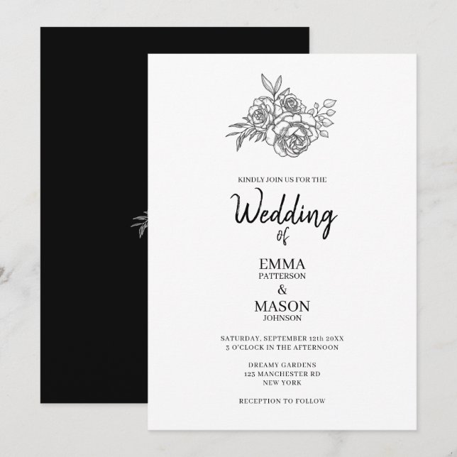 Invitación Esquema floral simple en blanco y negro (Anverso / Reverso)