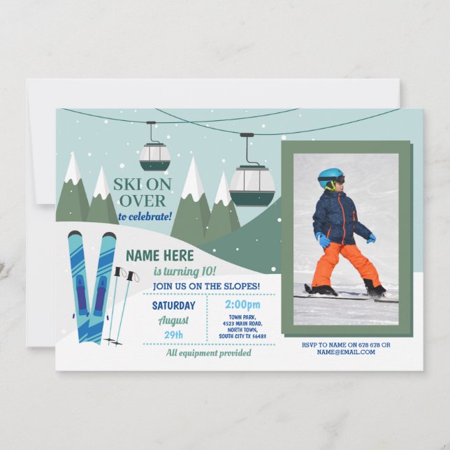 Invitación Esquiando Fiesta de Cumpleaños Eslora Foto De Snow (Anverso)