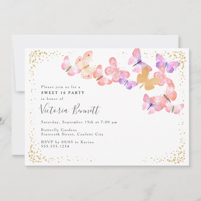 Invitación Esquías de mariposa Coral Gold Confetti Sweet 16 (Anverso)