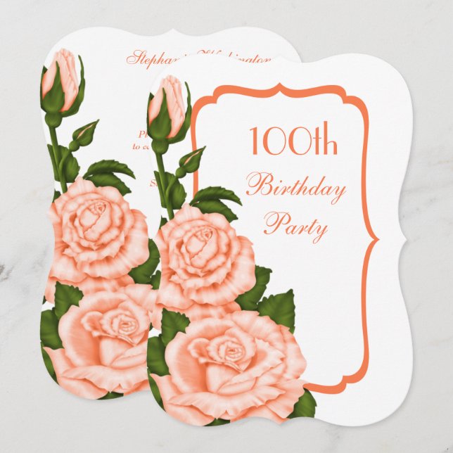 Invitación Esquina Chic Rosas Coral 100 Cumpleaños (Anverso / Reverso)