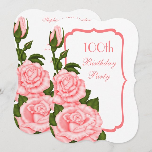 Invitación Esquina Chic Rosas Rojas Cumpleaños 100 (Anverso / Reverso)