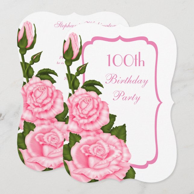 Invitación Esquina Chic Rosas Rosadas Cumpleaños 100 (Anverso / Reverso)