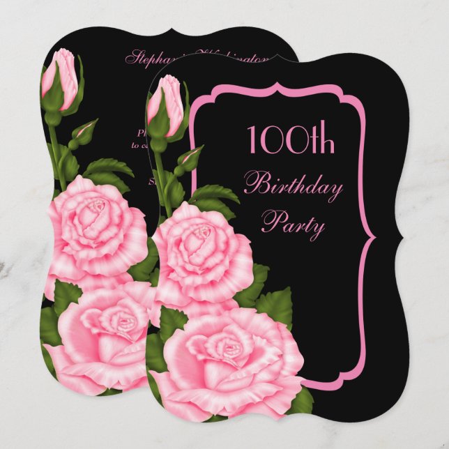 Invitación Esquina Chic Rosas Rosadas Cumpleaños 100 (Anverso / Reverso)