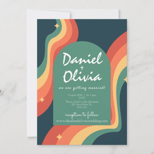 Invitación Esquina de arco iris retro con Boda QR (Anverso)