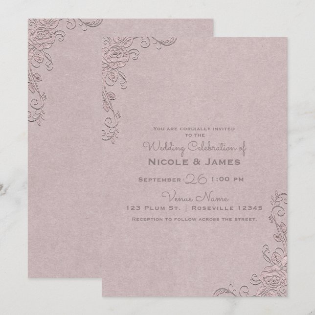 Invitación Esquina de Boda de Rosa Elegante con Glamour Rústi (Anverso / Reverso)