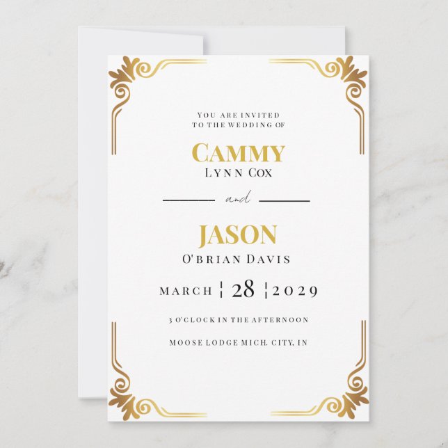 Invitación Esquina de Marco de Rollo de Oro Ornamentado Boda (Anverso)
