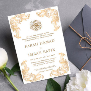 Invitación Esquina dorada blanca vintage Boda musulmana islám