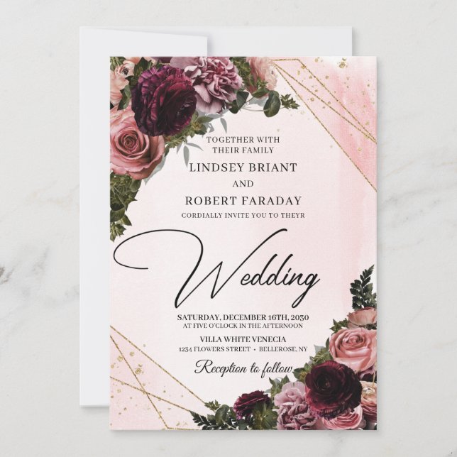 Invitación Esquina floral de mauve burgundy boho (Anverso)