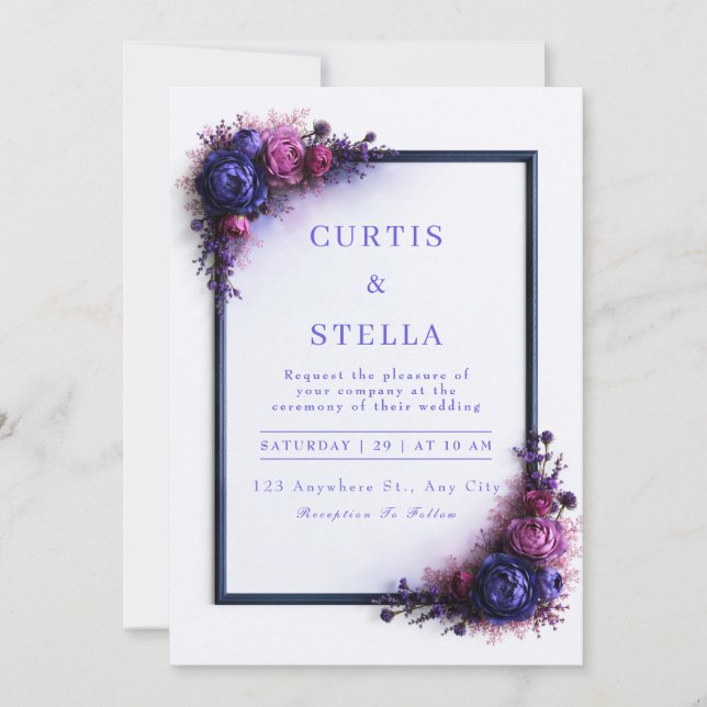 Invitación Esquina floral índigo magenta boda (Anverso)