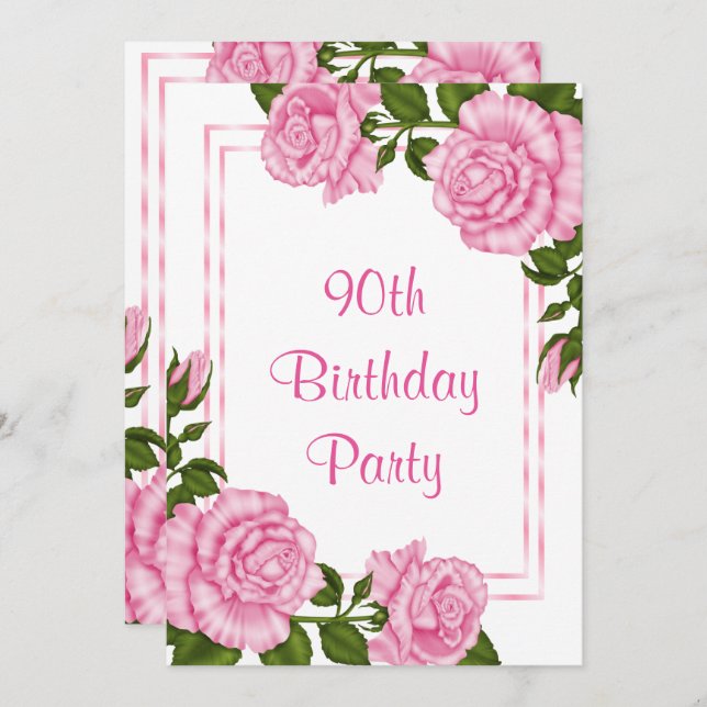 Invitación Esquina rosa de Bonito Bouquets 90 cumpleaños (Anverso / Reverso)