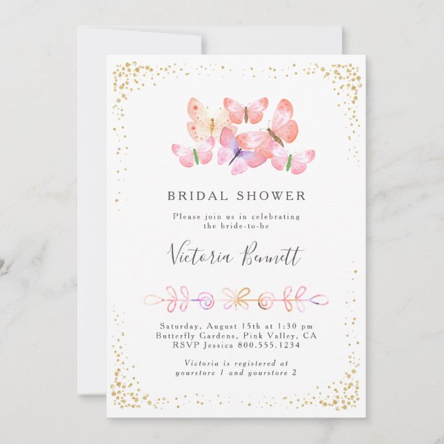 Invitación Esquinas de mariposa Coral Gold Confetti Bridal Sh (Anverso)