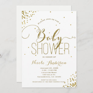 Invitación Esquinas de Purpurina White & Gold Glam BABY SHOWE