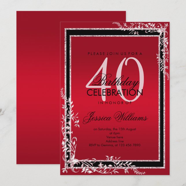 Invitación Esquinas Decorativas Cumpleaños Ruby & Negro (Anverso / Reverso)